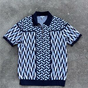 Reiss Navy and Light Blue Geometric Zip Polo